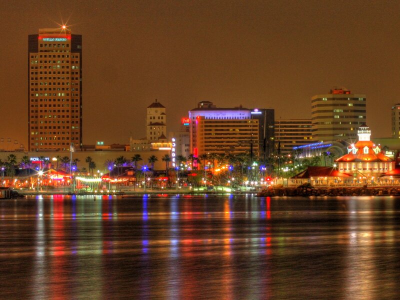 City Skyline at Night — Orange, Dramatic, Photograph, Buildings, Water
