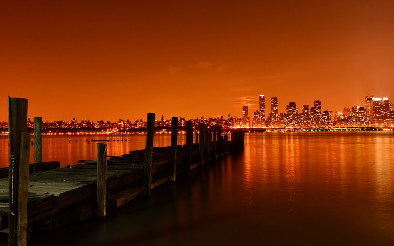 City Skyline at Night — Orange, Dramatic, Photograph, Dock