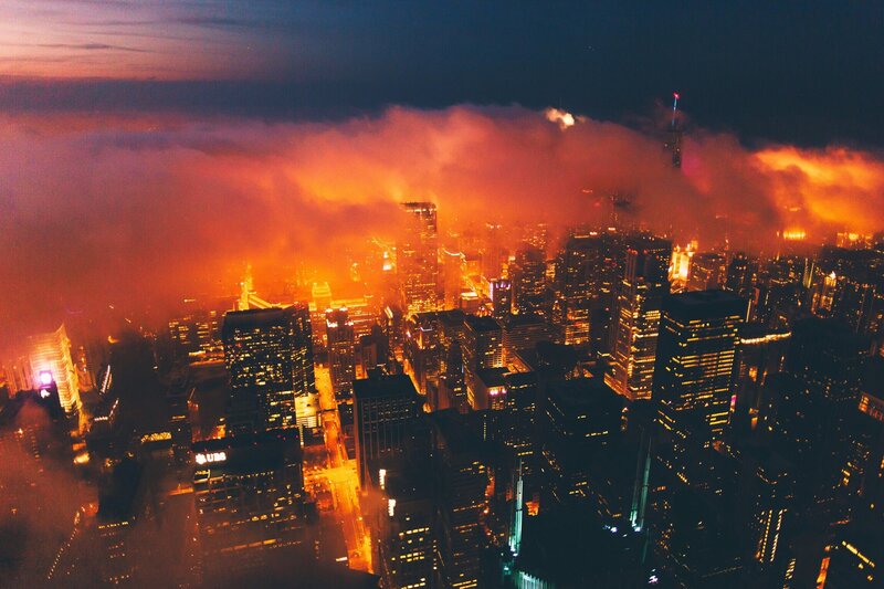 City Skyline at Night — Orange, Dramatic, Photograph, Skyscrapers, Clouds