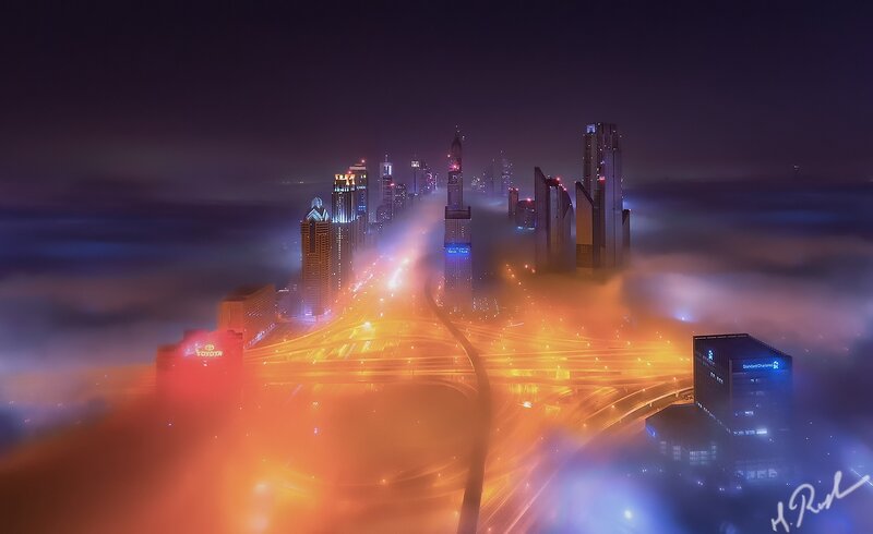 City Skyline at Night — Orange, Dramatic, Photograph, Skyscrapers, Highway