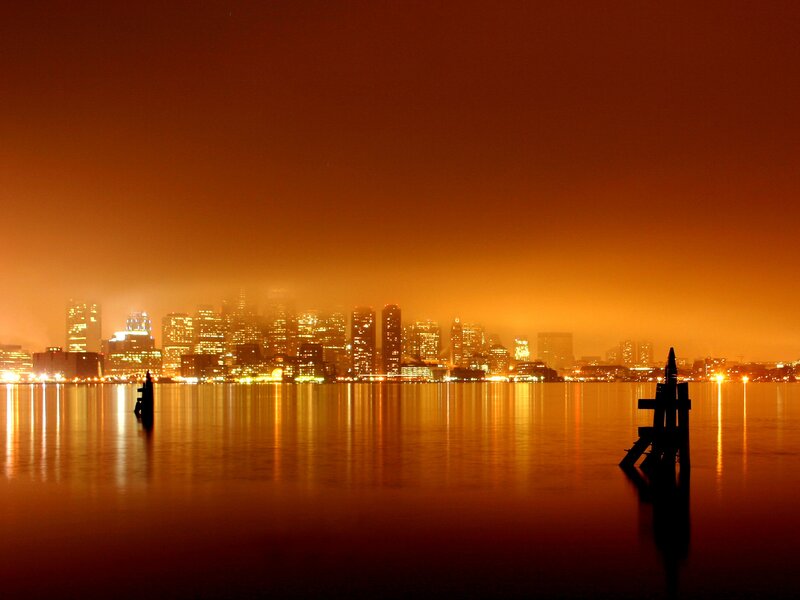 City Skyline at Night — Orange, Serene, Photograph, Buildings, Water