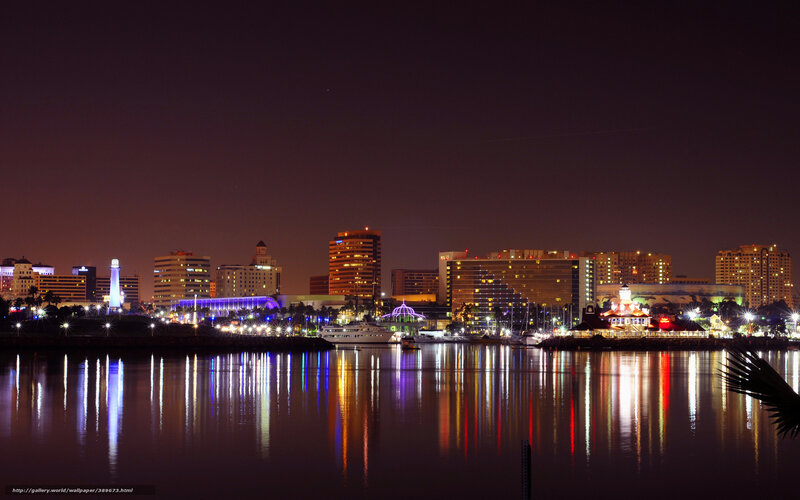 City Skyline at Night — Purple, Calm, Photograph, Buildings, Water, Boat