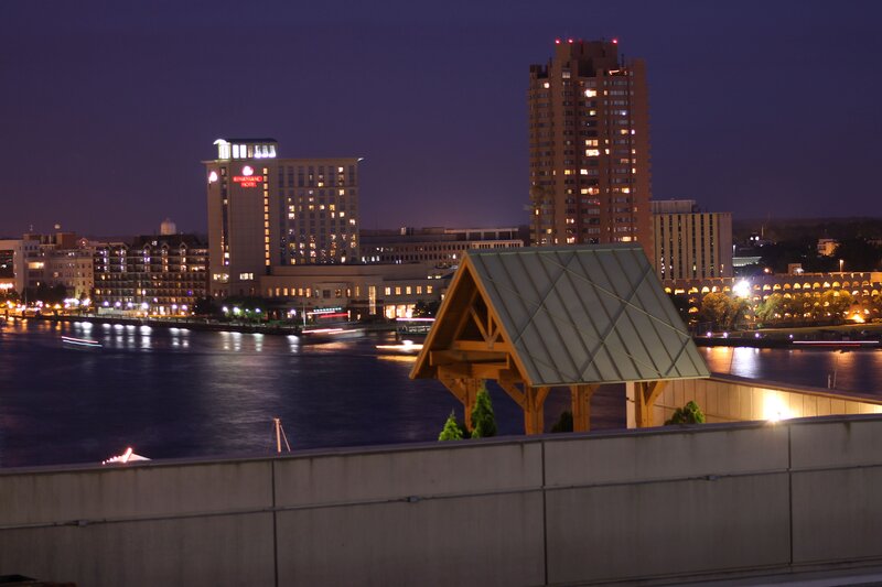 City Skyline at Night — Purple, Calm, Photograph, River