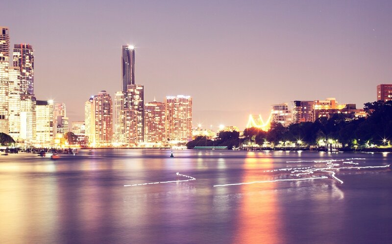 City Skyline at Night — Purple, Calm, Photograph, Skyscrapers