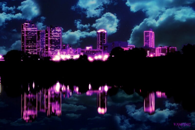 City Skyline at Night — Purple, Dramatic, Digital Art, Buildings