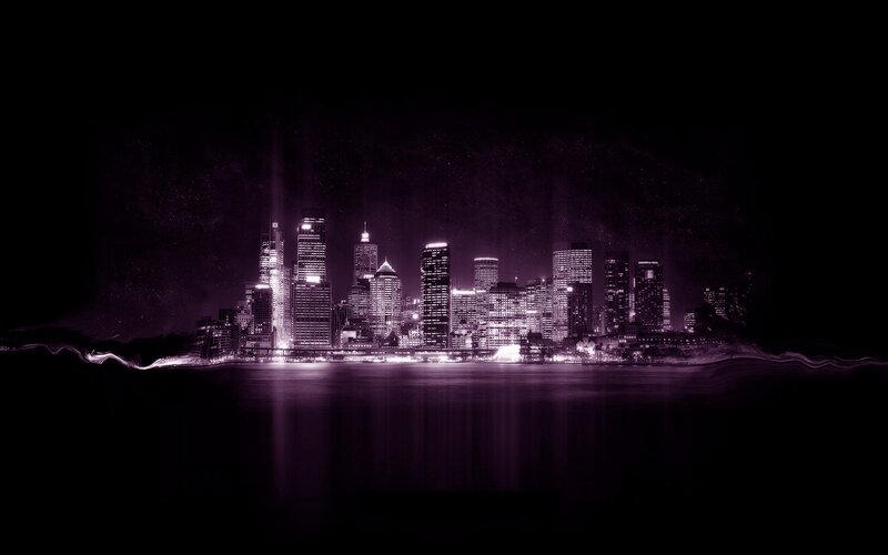 City Skyline at Night — Purple, Dramatic, Digital Art, Buildings, Water, Sky