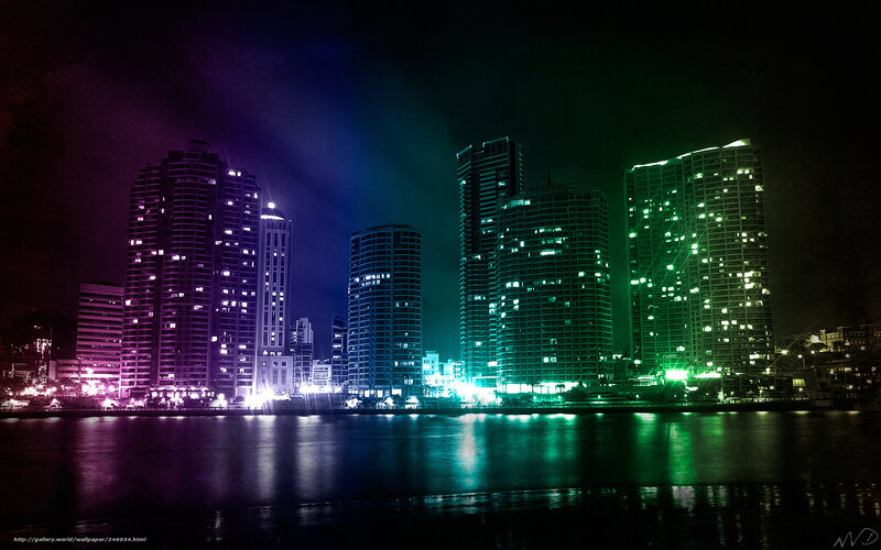 City Skyline at Night — Purple, Dramatic, Digital Art, Buildings, Water
