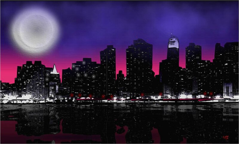 City Skyline at Night — Purple, Dramatic, Digital Art, Moon