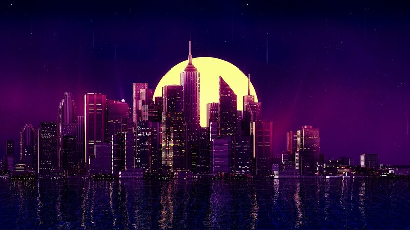 City Skyline at Night — Purple, Dramatic, Digital Art, Moon, Water