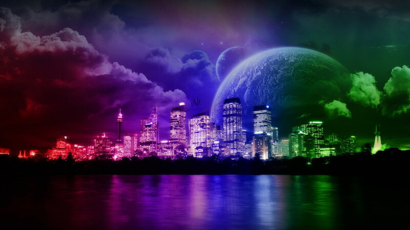 City Skyline at Night — Purple, Dramatic, Digital Art, Planet, Clouds