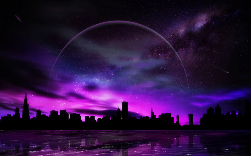City Skyline at Night — Purple, Dramatic, Digital Art, Planet
