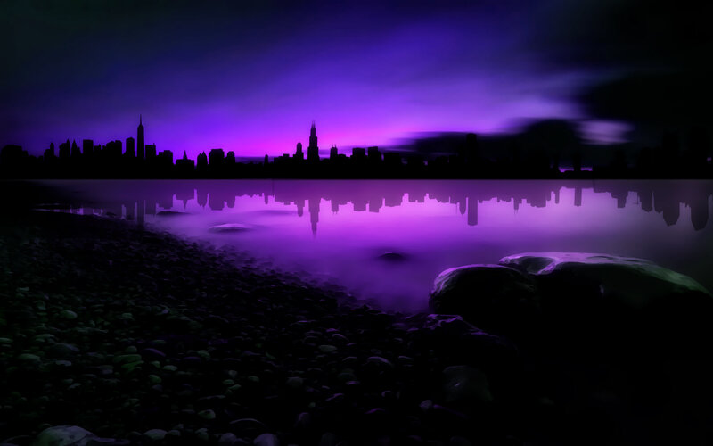 City Skyline at Night — Purple, Dramatic, Digital Art, River