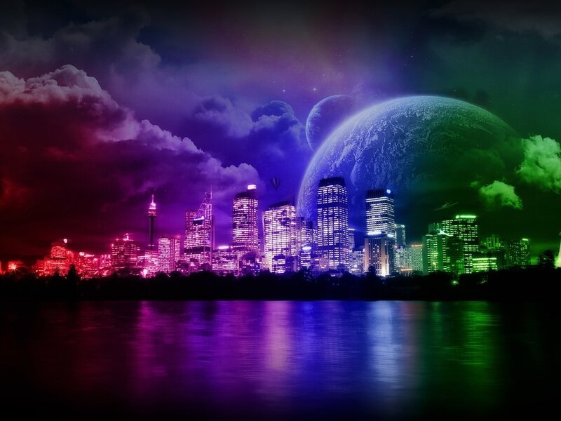 City Skyline at Night — Purple, Dramatic, Digital Art