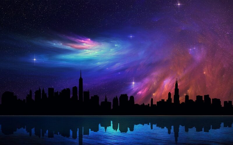 City Skyline at Night — Purple, Dramatic, Digital Art, Water