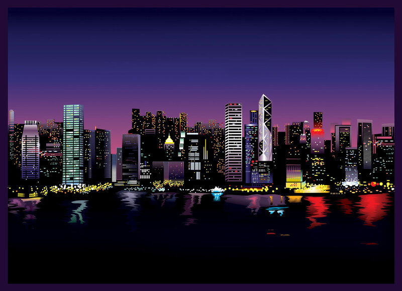 City Skyline at Night — Purple, Dramatic, Illustration