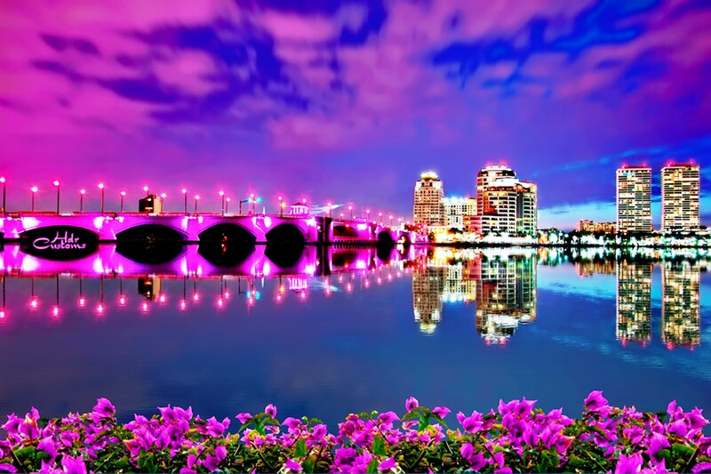 City Skyline at Night — Purple, Dramatic, Photograph, Bridge, Buildings