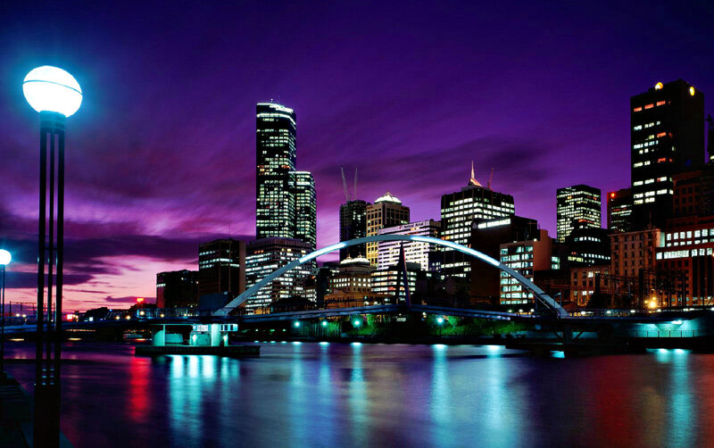 City Skyline at Night — Purple, Dramatic, Photograph, Bridge, River