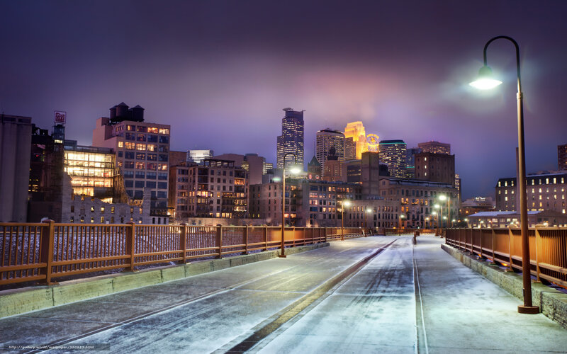 City Skyline at Night — Purple, Dramatic, Photograph, Bridge, Skyscraper, Streetlight