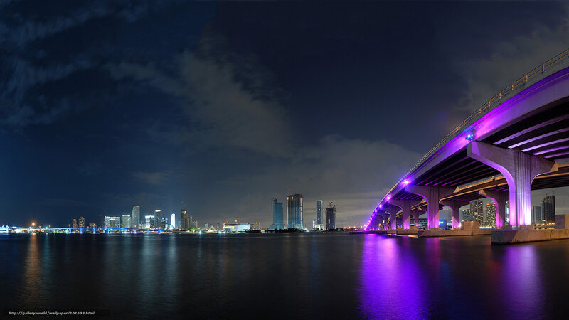 City Skyline at Night — Purple, Dramatic, Photograph, Bridge