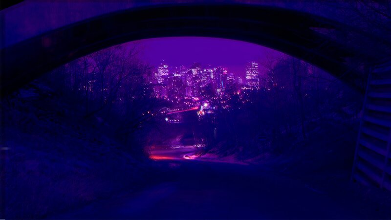 City Skyline at Night — Purple, Dramatic, Photograph, Bridge, Trees