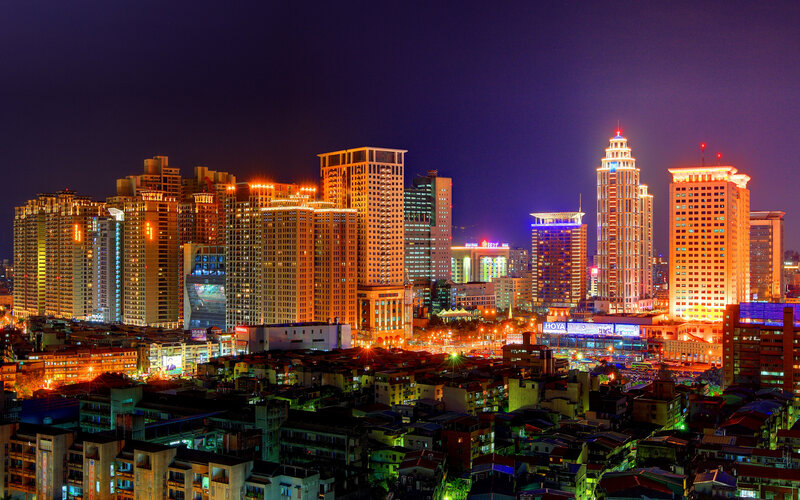 City Skyline at Night — Purple, Dramatic, Photograph, Buildings, Lights