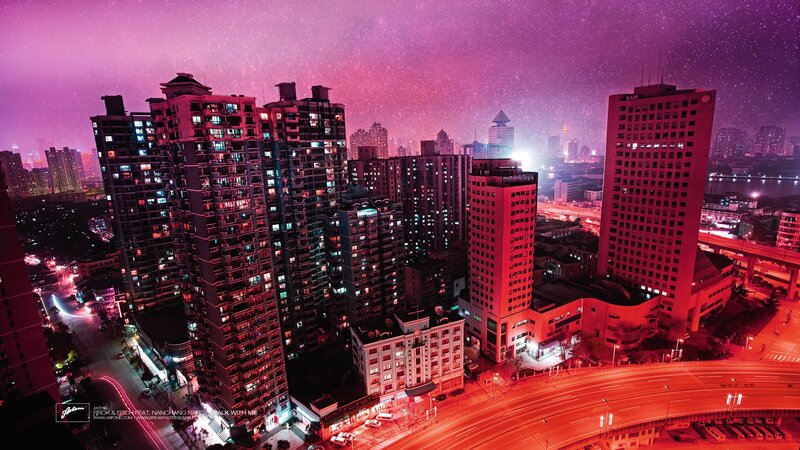 City Skyline at Night — Purple, Dramatic, Photograph, Buildings, Roads