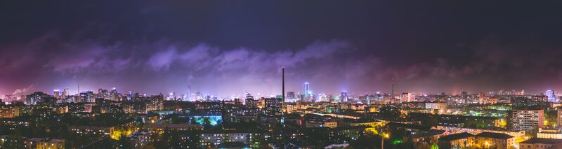 City Skyline at Night — Purple, Dramatic, Photograph, Buildings, Sky