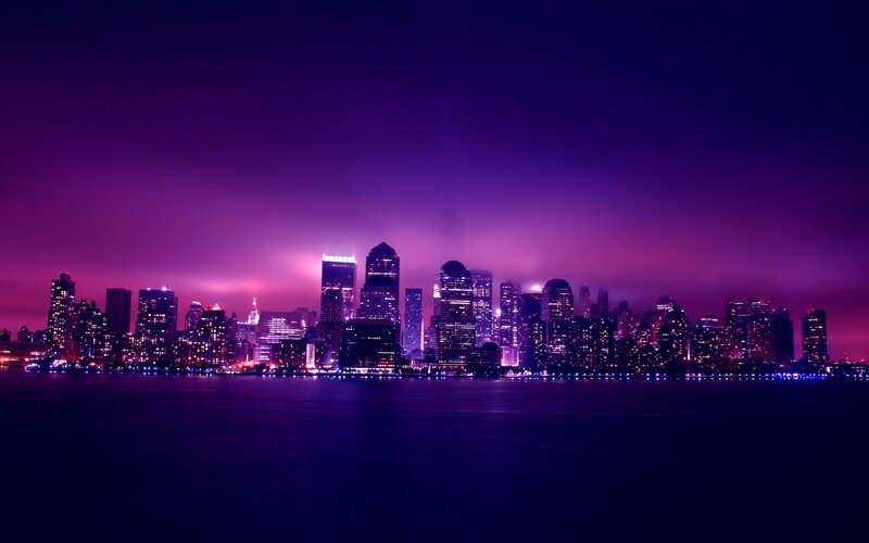 City Skyline at Night — Purple, Dramatic, Photograph, Buildings, Water