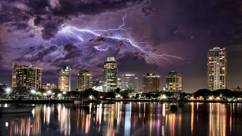 City Skyline at Night — Purple, Dramatic, Photograph, Lightning