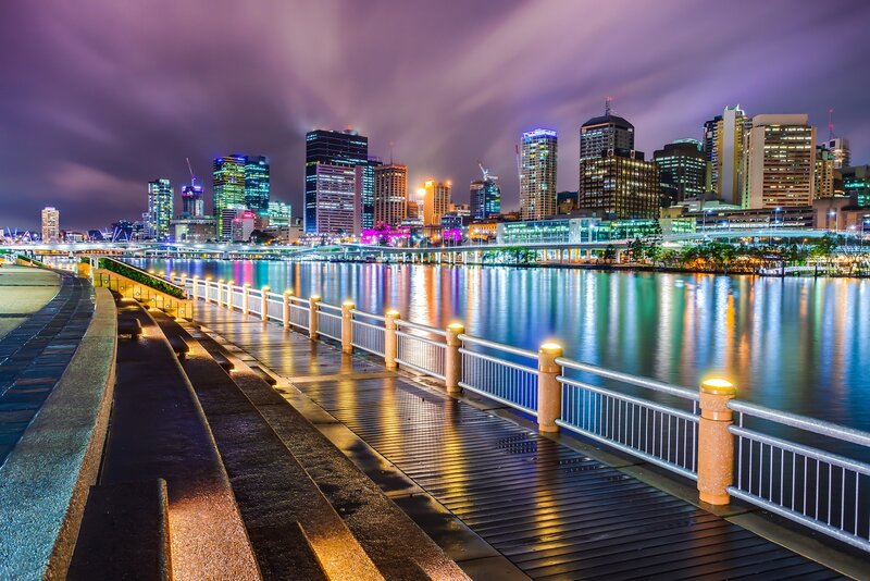 City Skyline at Night — Purple, Dramatic, Photograph, River