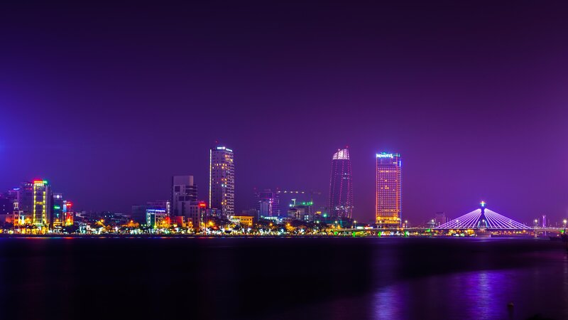 City Skyline at Night — Purple, Dramatic, Photograph, Skyscrapers, Bridge