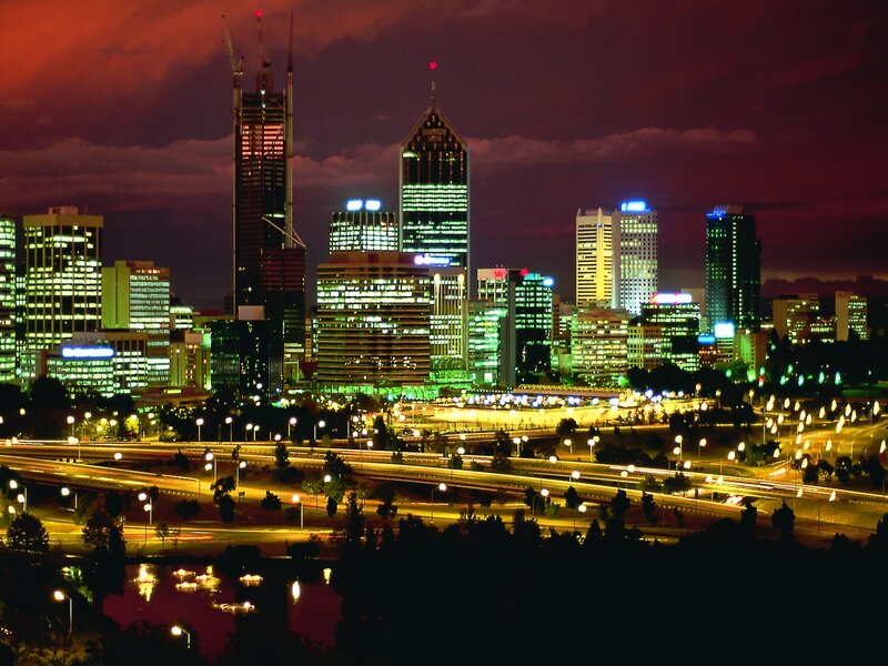 City Skyline at Night — Purple, Dramatic, Photograph, Skyscrapers, Highway