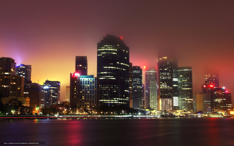 City Skyline at Night — Purple, Dramatic, Photograph, Skyscrapers, River, Fog