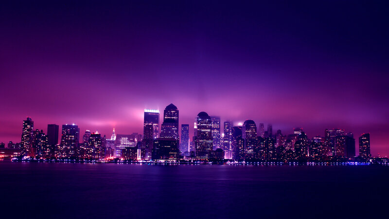 City Skyline at Night — Purple, Dramatic, Photograph, Skyscrapers