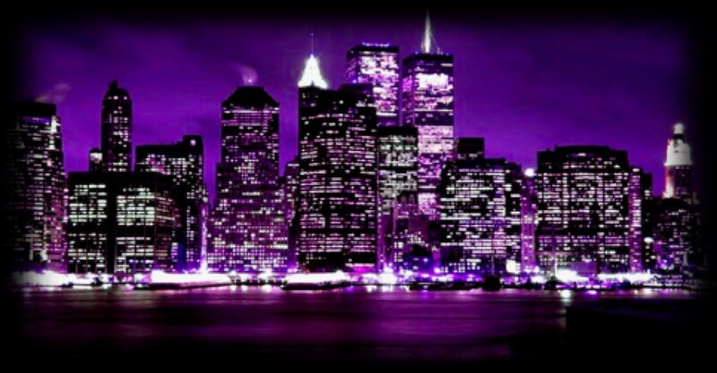 City Skyline at Night — Purple, Dramatic, Photograph, Skyscrapers, Water