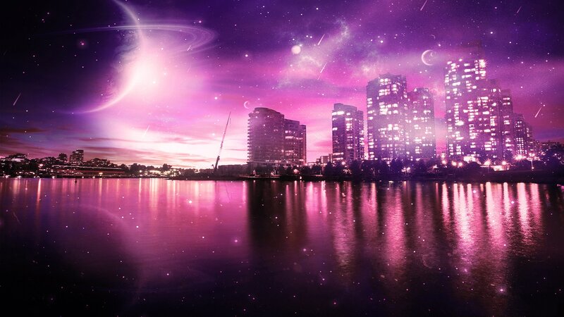 City Skyline at Night — Purple, Dreamy