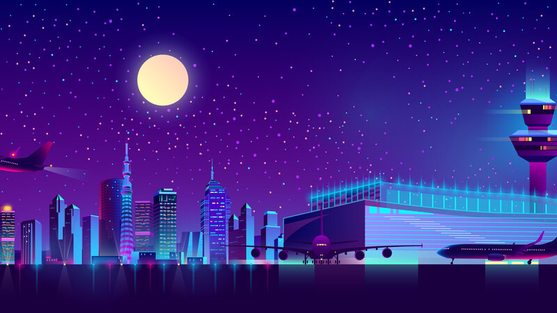 City Skyline at Night — Purple, Futuristic, Digital Art, Airplane