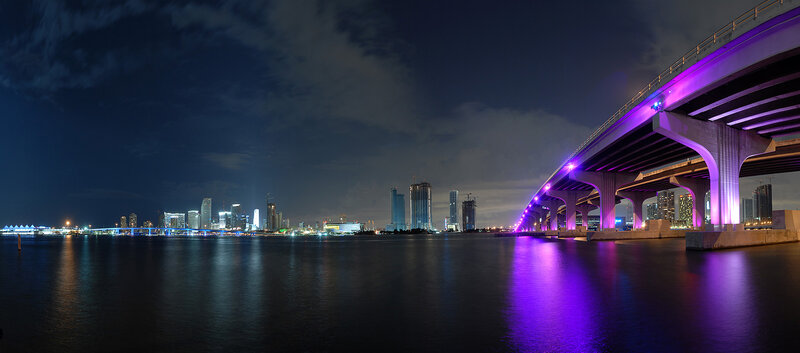 City Skyline at Night — Purple, Serene, Photograph, Bridge, Skyscraper