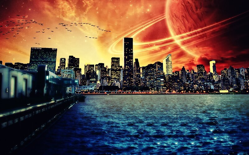 City Skyline at Night — Red, Dramatic, Digital Art, Birds, Planet