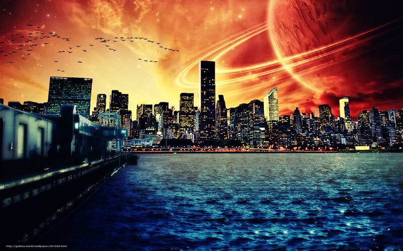 City Skyline at Night — Red, Dramatic, Digital Art, Birds