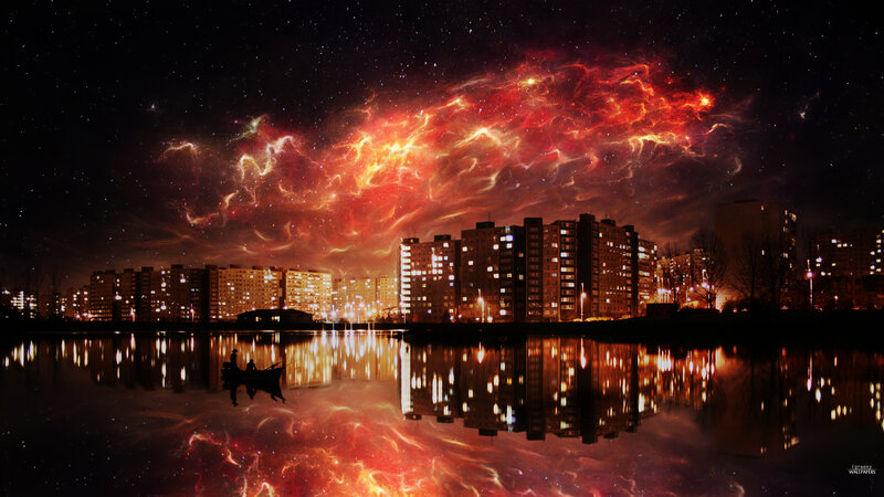 City Skyline at Night — Red, Dramatic, Digital Art