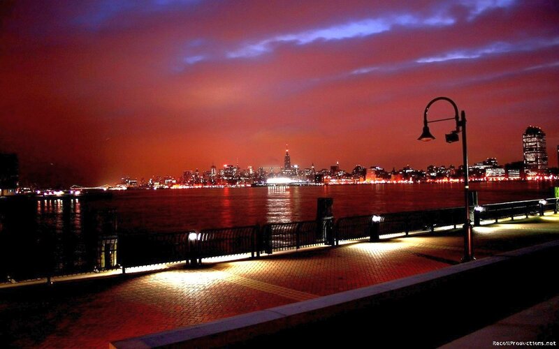 City Skyline at Night — Red, Dramatic, Photograph, River
