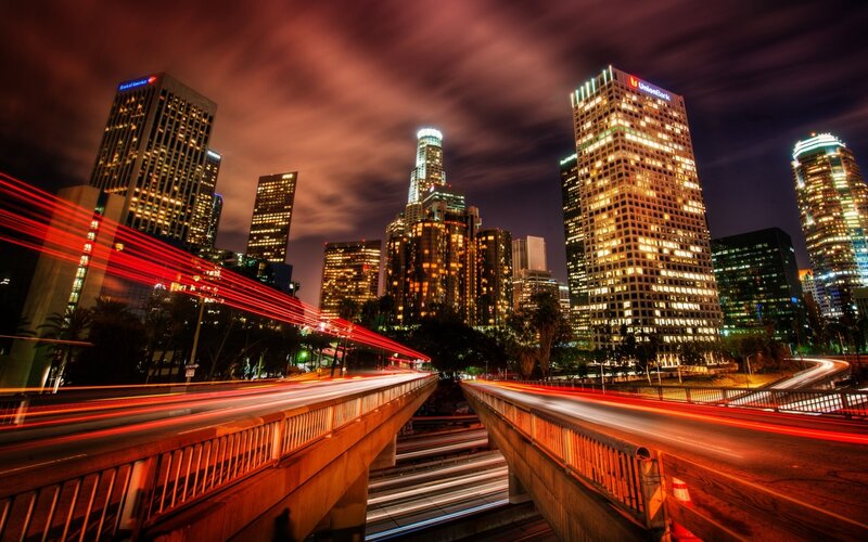 City Skyline at Night — Red, Dramatic, Photograph, Skyscrapers