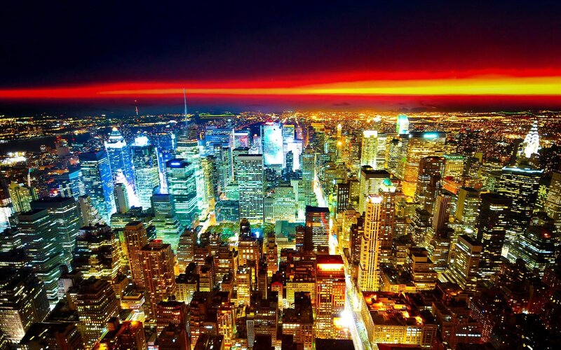 City Skyline at Night — Red, Dramatic, Photograph
