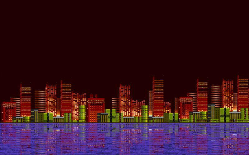 City Skyline at Night — Red, Dramatic, Pixel Art