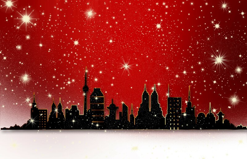 City Skyline at Night — Red, Festive