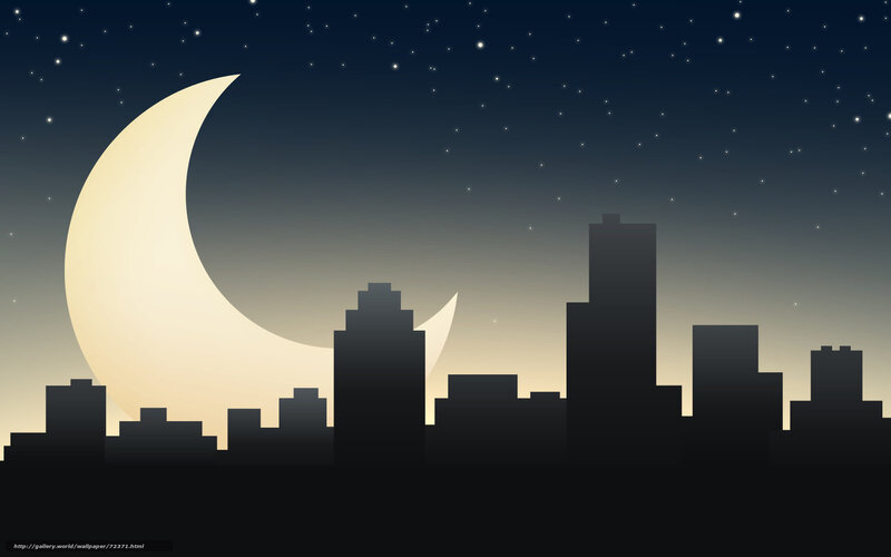 City skyline at night with crescent moon