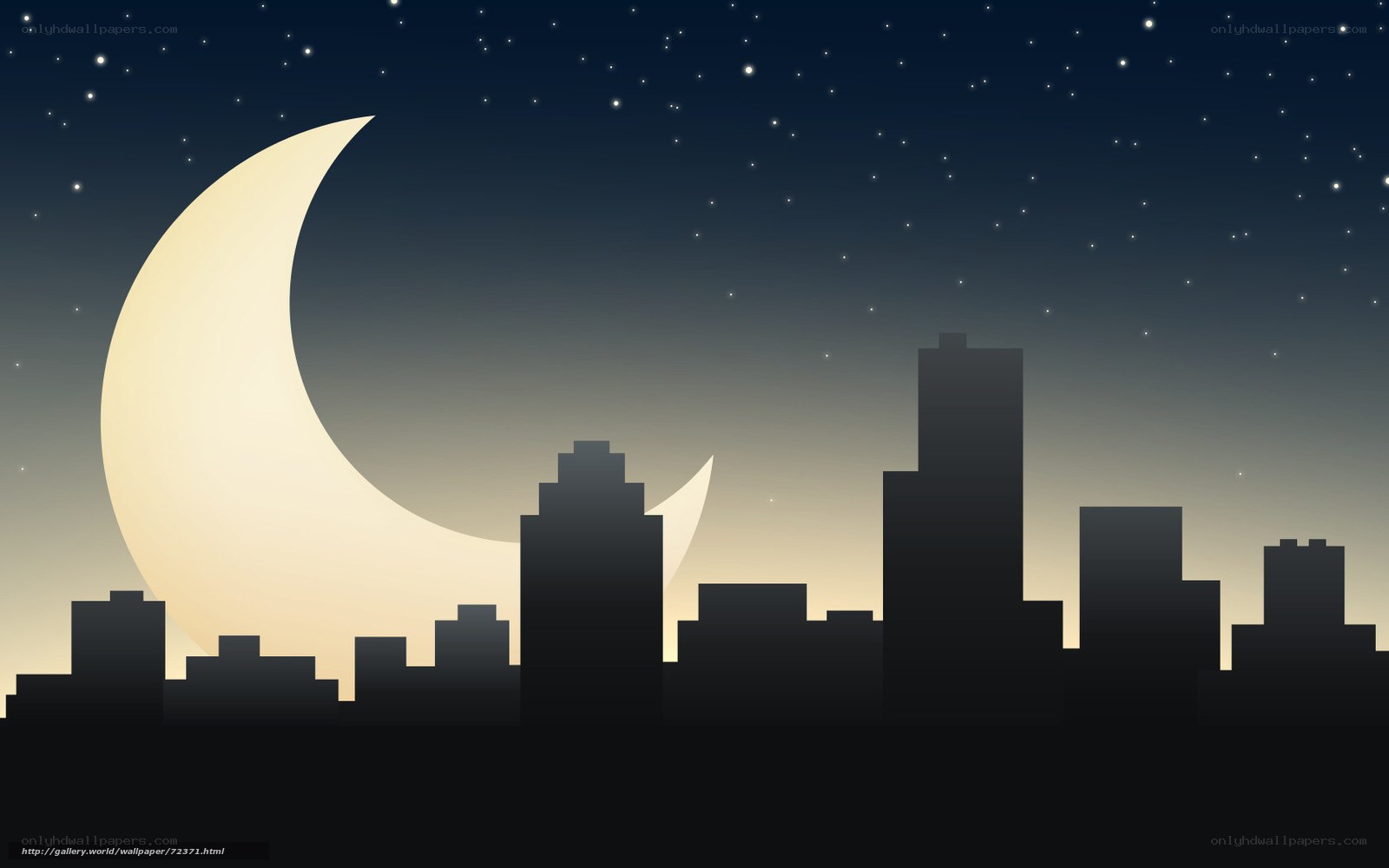 City skyline at night with crescent moon