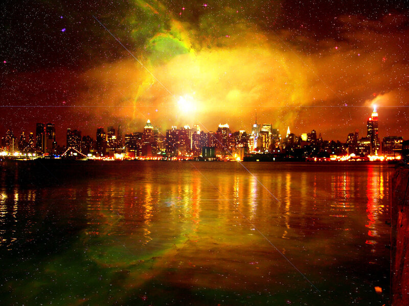City skyline at night with fireworks