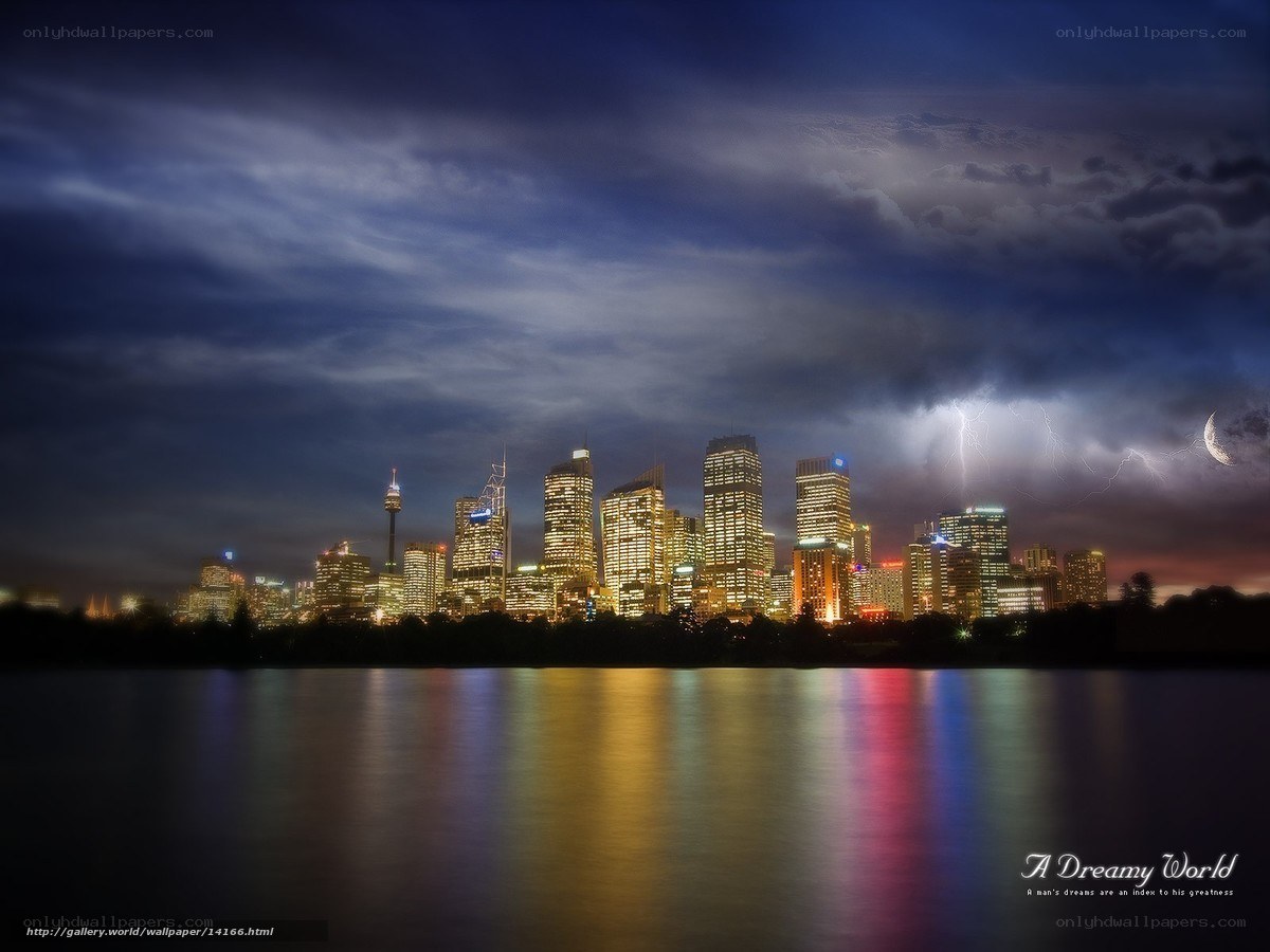 City skyline at night with lightning